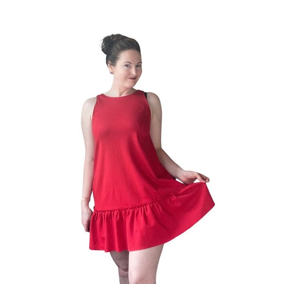 🔥 Banana Republic | Ponte Knit Red Skater Dress with Ruffled Hem Sz 8 - Picture 1 of 5